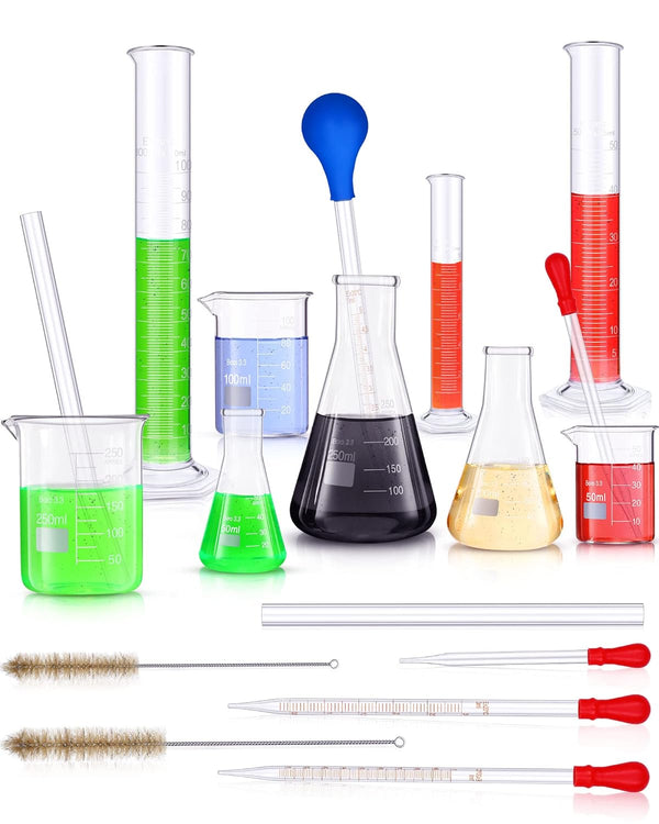 18 Pieces Lab Glassware Set - Beaker, Flask, Cylinder Set with Droppers, Brushes, and Stirring Rod