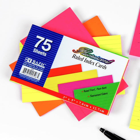 75 Count 3" 5" (596) BAZIC X Ruled Fluorescent Colored Index Card