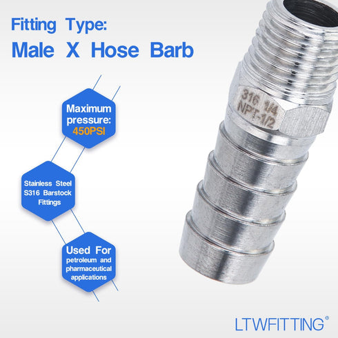 LTWFITTING Stainless Steel 316 Barb Fitting Coupler/Connector, 1/2" Hose ID x 1/4" Male NPT