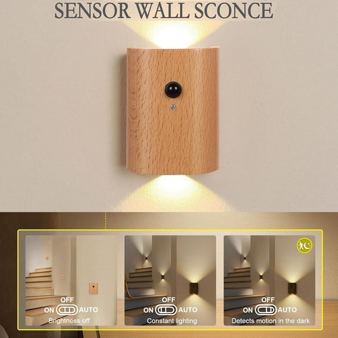 1-Pack 2700K LANDGOO Wood Step Light with Motion Sensor, Rechargeable Stair Night Light, Beech Wood Warm White LED Wall