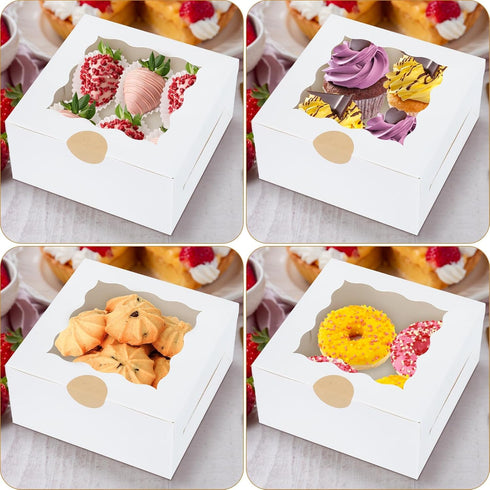 60 Pcs Bakery Boxes with Window, 6 x 6 x 3 Inches, White Cookie Boxes for Baked Goods