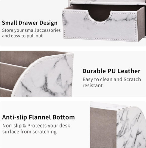 KINGFOM Pu Leather Desk Organizer - Pen Pencil Holder with 6 Compartments and Drawer, Gray Marble