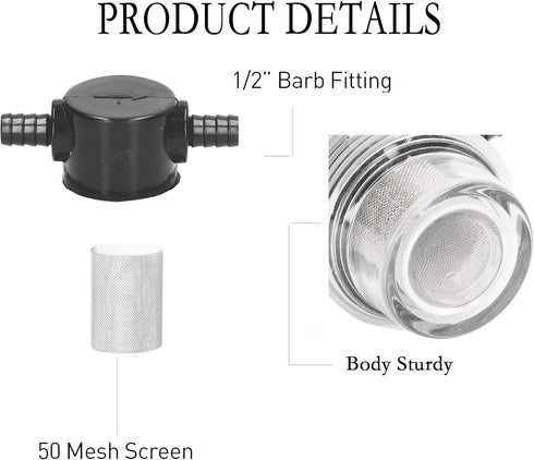 3/8 Inch Water Pump Strainer Hose Barb In-Line Strainer for 12V DC RV Camper Marine Boat