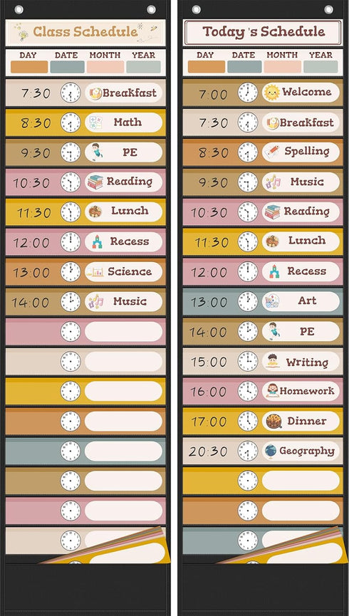 Boho Daily Schedule Pocket Chart for Classroom, 24 Double Sided Cards for Visual Schedule, Back to School Decorations