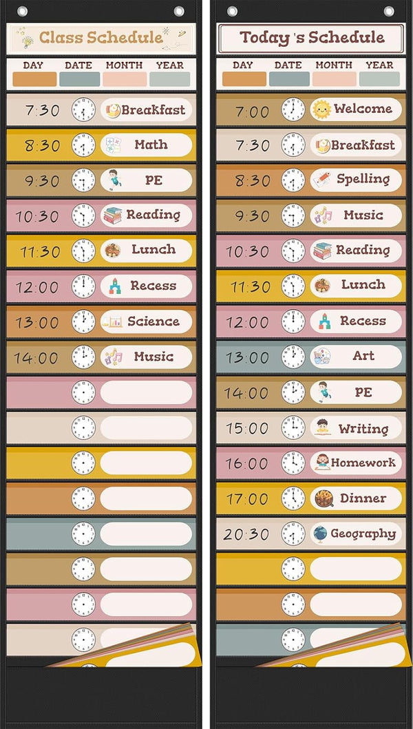 Boho Daily Schedule Pocket Chart for Classroom, 24 Double Sided Cards for Visual Schedule, Back to School Decorations