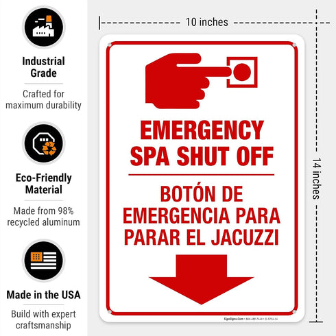10x14 Inches, .040 Emergency Spa Shut Off Sign, Bilingual English Spanish, Rust Free Aluminum, Fade Resistant, Easy