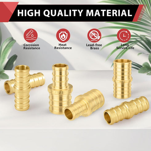 EFIELD Barb Crimp Pex 1/2 Inch x 3/4 Inch Reducing Coupling Brass Fitting, Pack of 10 (PEX1807012)