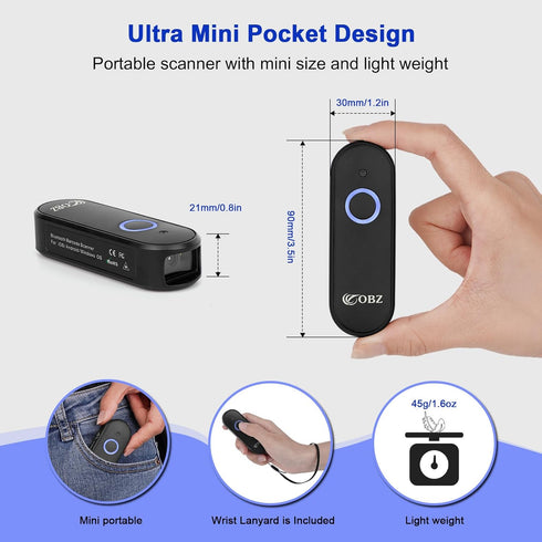 OBZ Mini 2D Bluetooth Barcode Scanner, 2.4G Wireless Handheld 1D 2D QR Code Scanner for iOS Android Windows iPhone iPad