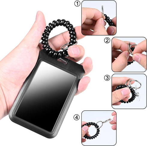 Wrist Coil ID Badge Holder with Card Strap & Key Ring, Plastic Stretchable Spring Wristband Keychain