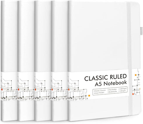 feela 5 Pack Notebooks Journals Bulk, Hardcover Classic Ruled Journals with Pen Holder for Women, 5 Black Pens