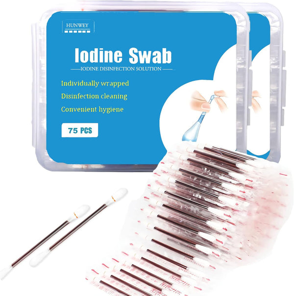 150 Individually Wrapped Iodine Cotton Swabs Solution Filled | First Aid Swabsticks for Nasal Ears Bruise Travel