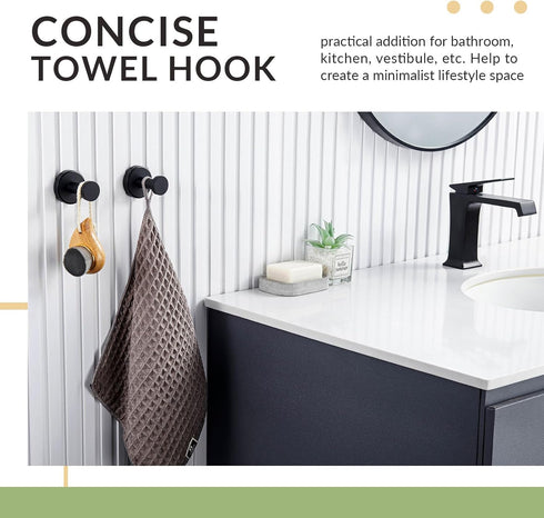 APLusee 2 Pack Bathroom Towel Hook - Stainless Steel Round Coat Robe Hanger for Toilet Kitchen (Matte Black)