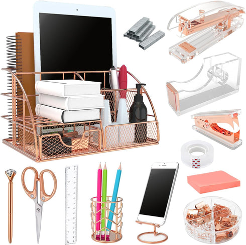 Office Desk Organizers, Rose Gold 13PCS Supplies and Accessories, Acrylic Stapler, Clips, Scissor, Tape Dispenser