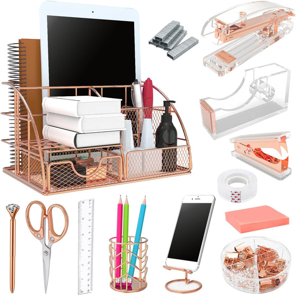 Office Desk Organizers, Rose Gold 13PCS Supplies and Accessories, Acrylic Stapler, Clips, Scissor, Tape Dispenser