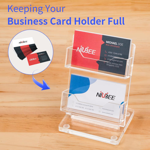 NIUBEE Acrylic Business Card Holder, 2 Tier Clear Stand for Office Exhibition, 130 Cards Capacity
