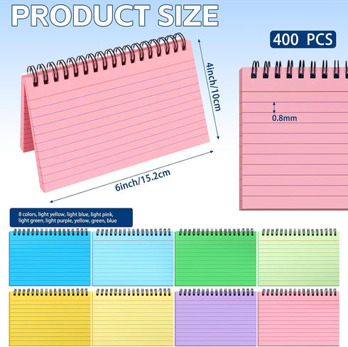 Tecmisse 400PCS 4x6, 8 Index Cards Spiral Ruled Colorful Flash Cards with Waterproof Covers Note Cards Colors