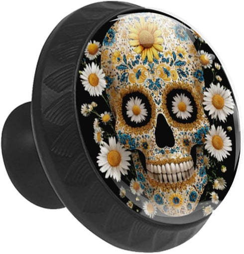 Closet, Black Finish Sugar Skull Daisy Printed Drawer Knobs, Stylish Cabinet Hardware for Bedroom Cupboard