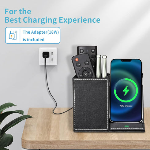 KINGFOM PU Leather Desk Organizer - Wireless Charging Station for iPhone, 10W Charger for iPhone 14/13/Samsung Galaxy,