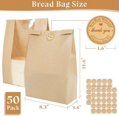 13.7x8.3x3.5in 50 Pack Aimyoo Homemade Sourdough Bread Bags, Stripe Bakery Bags with Window & Seal Stickers