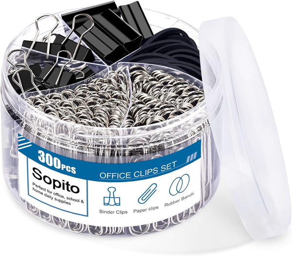 Sopito 300pcs Binder Clips Paper Clips Set with Rubber Bands for Office and School Supplies, Assorted Sizes