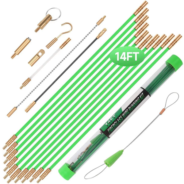 14FT Fiberglass Running Electrical Wire Cable Glow Rods, Fish Rods Electrical Kit with 8 Attachments and Fish Tape