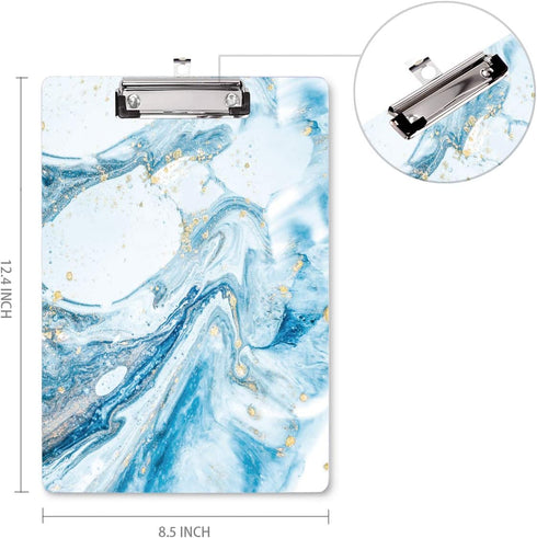 WAVEYU Cute Blue Clipboard, Letter Size with Low Profile Clip, Retractable Key Hole for Hanging Paperboard (Teal Marble)
