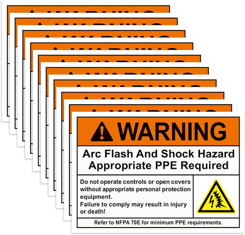 Novabright 10 Pack WARNING Arc Flash and Shock Hazard Appropriate PPE Required Label