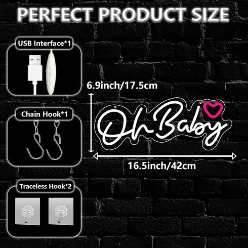 Dimmable Powered16.5"*6.9" Oh Baby Neon Sign for Backdrop,White LED Light Up Sign for Boy and Girl Baby Shower Gender