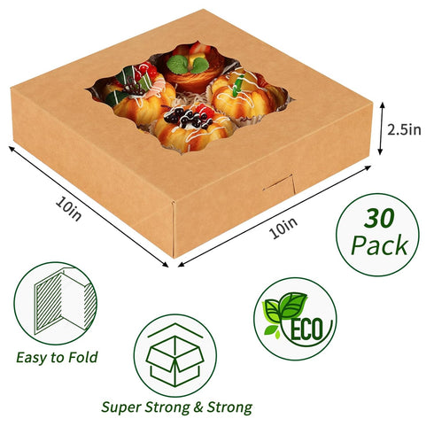 TOMNK 30pcs Bakery Boxes, 10x10x2.5 in Large Bakery Boxes with Window, Brown Pie Boxes, Paper Cookie Boxes for Pies, Cookies and Muffins