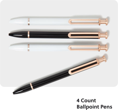 U Brands Monterey Ballpoint Pens Set of 4, Black and White with Rose Gold Details, Bold Point