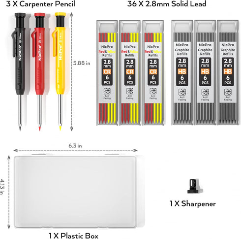 Nicpro 3 Pack Carpenter Pencil with Sharpener, Mechanical Pencils with 39 Refills for Heavy Duty