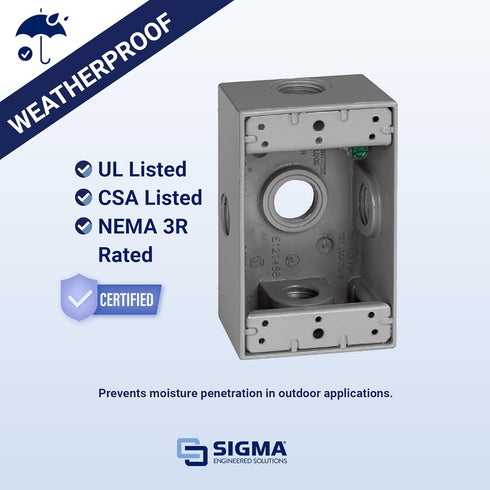 SIGMA ENGINEERED SOLUTIONS 14251-5X Metal Electrical Outlet Box, Weatherproof, Easy Mount Plug and Receptacle Protector, Gray, (5) 1/2-Inch Holes, 1 Gang Box with Side Entry by Sigma Electric