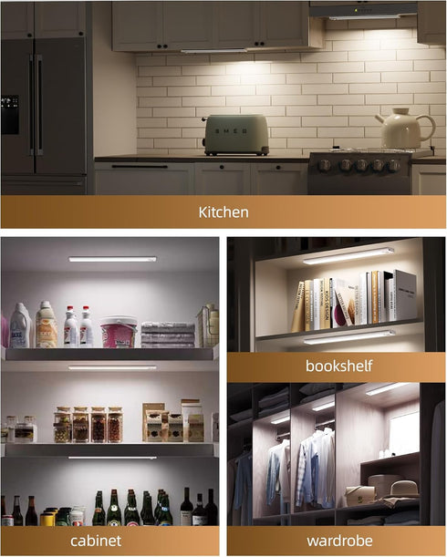 2Pack 16inch Dimmable 3 Closet Counter Under Cabinet Lighting, Rechargeable Motion Sensor Light Indoor, Color Temps