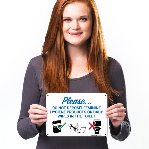 10x7 Inches, 55 Please Do Not Deposit Feminine Products Baby Wipes in Toilet with Graphic Sign, mil Thick HDPS (high