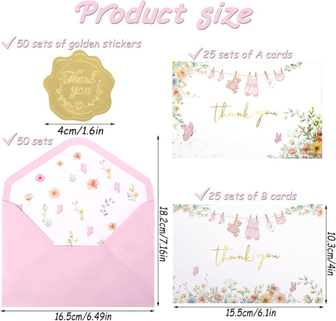 OIPKKUI 50 Pack Set Pink Baby Shower Thank You Cards Shower Pink Gold Foil Greeting Card with Envelopes And Stickers