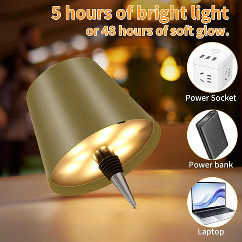 3 Dimmable, 5H 48H Rechargeable Wireless Bottle Lamp - Color Stepless Metallic Gold Lampshade, Bright Light or Soft