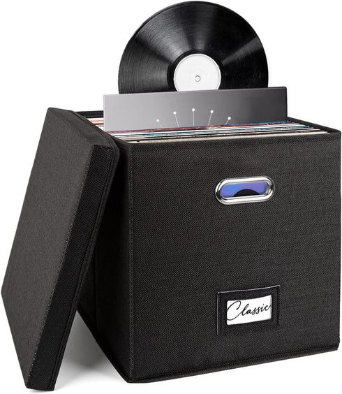 Vinyl Record Storage Box for 50+ Single LPs, Stackable Albums Linen Crate with Lid, Collapsible Document Organizer