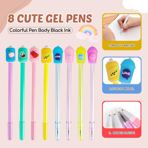Primo Lines Kawaii Pencil Case and Complete 61 PCS Pink Stationary Set with Cute Boba Case, Pens, Stickers