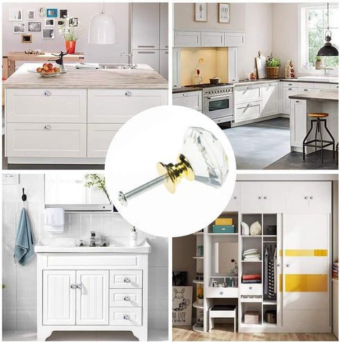 YourGift 6 Pack Drawer Knobs, Diamond Shaped Crystal Glass 30mm Cabinet Pull Handles (Gold)