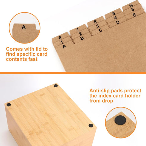 DLUGOPIS 5x8 4 150 25 2 Index Card Holder with Dividers Bamboo Index Card Storage Box Compartments Recipe Card Box