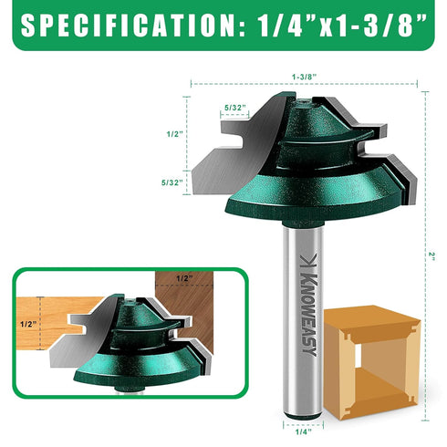 45 Set 1/4 Inch 3-Piece 1/2, 5/8 3/4 Inch Knoweasy Degree Lock Miter Router Bit with Shank, for Woodworking Projects