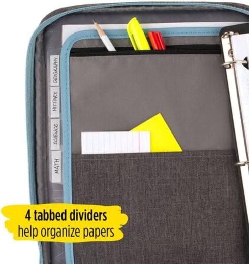 Five Star Zipper Binder, 1 Inch 3-Ring Binder with Pockets and 4-Tab Dividers, 375 Sheet Capacity, Gray/Mint