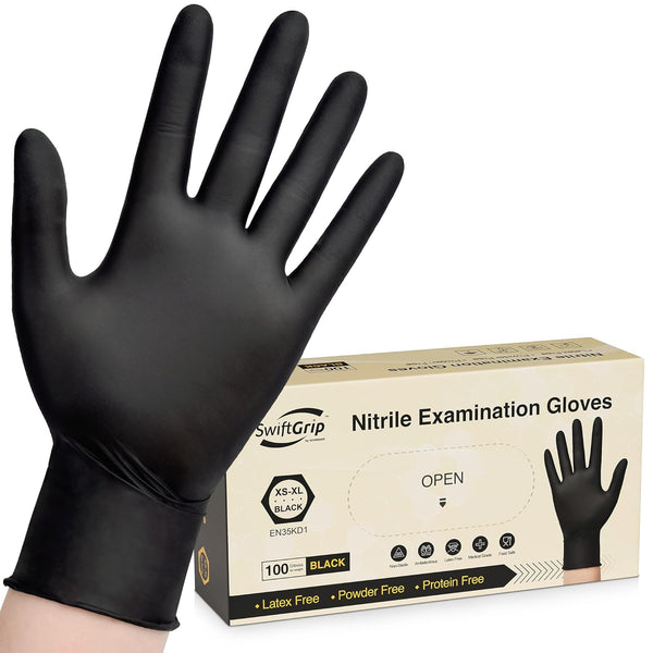 Disposable Nitrile Exam Gloves, 3-mil, Black, Latex Free for Medical, Cooking, Food-Safe Rubber Gloves