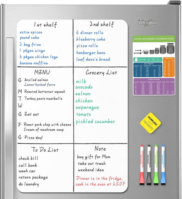 Magnetic Dry Erase Board, Large Fridge Whiteboard, Flexible Refrigerator Magnet Note Sheet with Kitchen Conversion Chart