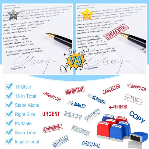 Crtiin 16 Pcs Self Inking Rubber Stamp Set for Office Message Supplies (Red, Blue) - Completed Faxed Scanned