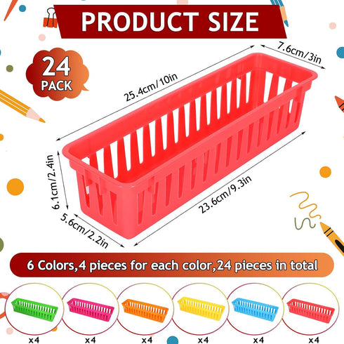 PLMMOUT 24 Pack Organization,9.3" 2.2" 2.4" Pencil Basket Tray,Plastic Classroom Organizer Basket,Colorful Crayon