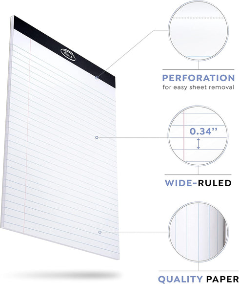 Legal Notepads 8.5 x 11, Pack of 3 - Perforated Wide Ruled Writing Pad - Premium Thick Paper, No Ink Bleeding - Blank Legal Pads For Home, Office, School, Business - 50 Sheets Per Notebook