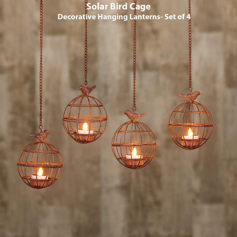 4 Pack Outdoor Solar Hanging Lantern Lights, Rustic Ball Birdcage Hanging Candle Holder with Solar Tea Lights