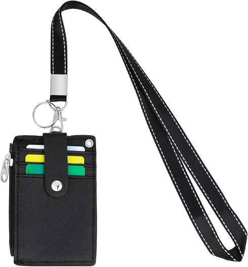 HASFINE ID Badge Holder with PU Leather Zipper Pocket & Lanyard, 2 Sided 5 Card Slots, Detachable Keychain Lanyard