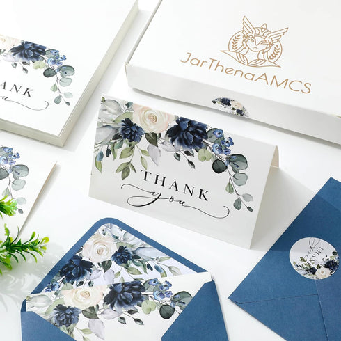 50 Pack 4 6 Inch JarThenaAMCS Floral Thank You Cards Bulk Blue Flower Greeting Cards with Envelopes Stickers Boxed